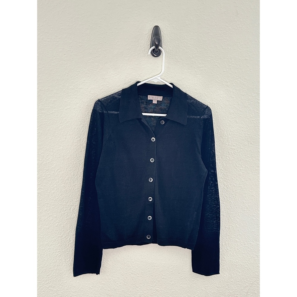 J. Crew Black Sheer Lightweight Linen Collared Button Up Sweater Minimalist S